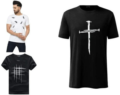 ATTITUDE START OF FASHION Printed Men Round Neck White, Black T-Shirt