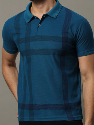 Hushbucks Checkered Men Polo Neck Dark Blue T-Shirt