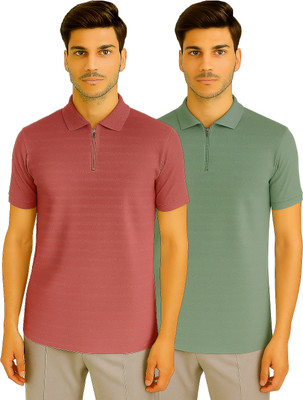 R ROCKIN TEES Self Design Men Zip Neck Multicolor T-Shirt