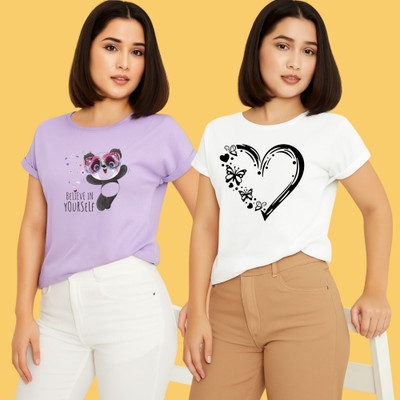 Kintu Parantu Printed Women Round Neck Purple, White T-Shirt