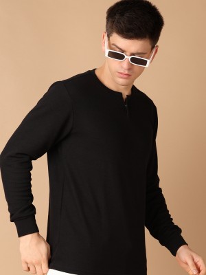 V-MART Solid Men Henley Neck Black T-Shirt