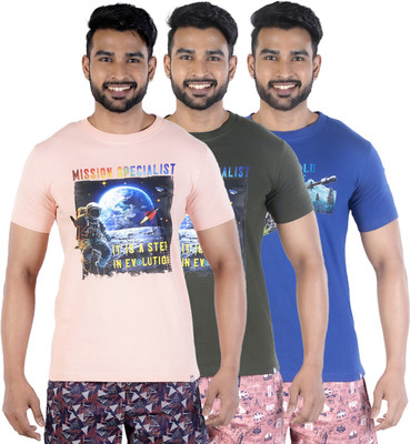 COLORS by Rupa Frontline Printed Men Round Neck Pink, Dark Green, Dark Blue T-Shirt