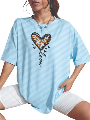 V-Mens Printed Women Round Neck Light Blue T-Shirt