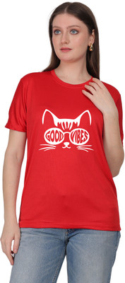 ZAYOKI Typography Women Round Neck Red T-Shirt