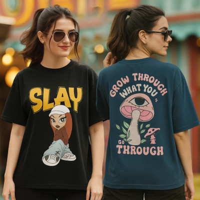 Fabflee Printed Women Round Neck Multicolor T-Shirt