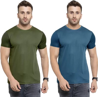 Think Tech Solid Men Round Neck Dark Green, Blue T-Shirt