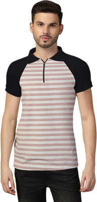 tfurnish Striped Men Polo Neck Pink T-Shirt