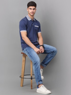 LOUIS STITCH Self Design Men Polo Neck Navy Blue T-Shirt