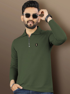 VeBNoR Solid Men Zip Neck Green T-Shirt