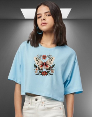 EKKANIYA Solid Women Round Neck Blue T-Shirt