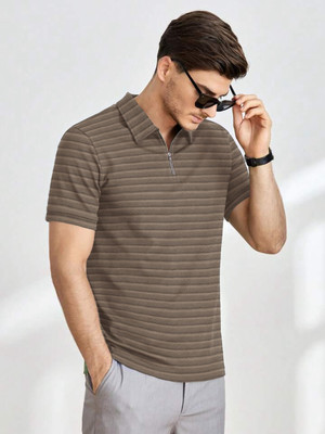 THE DRY STATE Self Design Men Zip Neck Brown T-Shirt