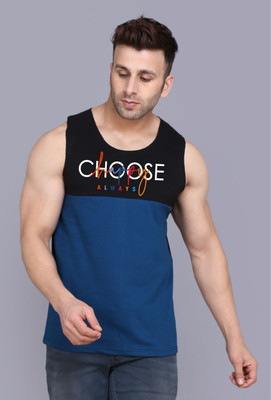 SLOWLORIS Printed, Typography Men Round Neck Black, Dark Blue T-Shirt