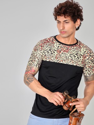 Crastic Animal Print Men Round Neck Black, Yellow T-Shirt