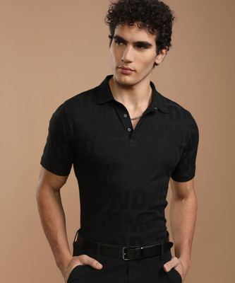 HIGHLANDER Printed Men Polo Neck Black T-Shirt