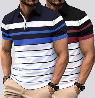 EyeBogler Striped Men Polo Neck Multicolor T-Shirt