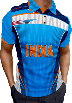 dhaari by unique creation Printed, Typography Men Polo Neck Blue T-Shirt