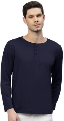 LazyChunks Solid Men Henley Neck Navy Blue T-Shirt