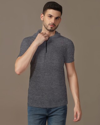 Blisstone Solid Men Hooded Neck Grey T-Shirt