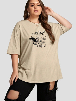 Fluffy Enterprises Self Design, Printed Women Round Neck Beige T-Shirt