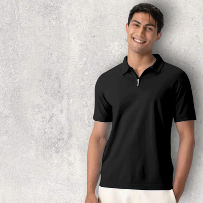 INDICLUB Solid Men Polo Neck Black T-Shirt