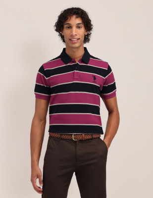 U.S. POLO ASSN. Striped Men Polo Neck Pink, Black T-Shirt