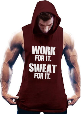 SPOWEARY Printed Men Hooded Neck Maroon T-Shirt