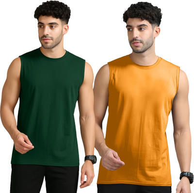 Moordale Solid Men Round Neck Dark Green, Orange T-Shirt