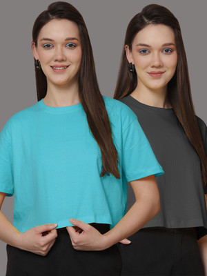 FRISKERS Solid Women Round Neck Blue, Grey T-Shirt