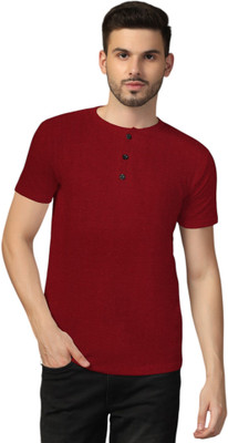 GEUM Solid Men Henley Neck Maroon T-Shirt