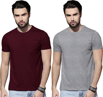 LazyChunks Solid Men Round Neck Maroon, Grey T-Shirt