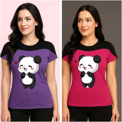 Naagar Graphic Print, Self Design, Cartoon Women Round Neck Multicolor T-Shirt
