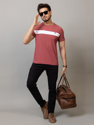 RosyRains Striped, Colorblock Men Round Neck Pink, White T-Shirt