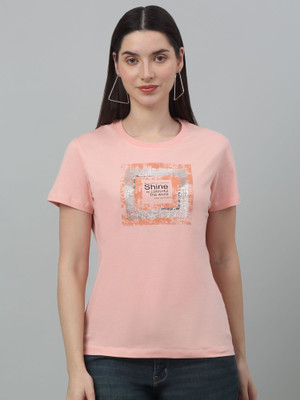 CANTABIL Printed, Typography Women Round Neck Pink T-Shirt