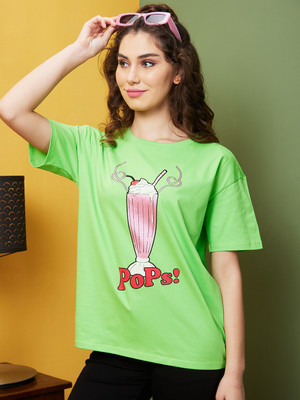Globus Printed, Typography Women Round Neck Green T-Shirt