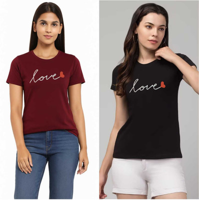 Sample Printed Women Round Neck Maroon, Black T-Shirt