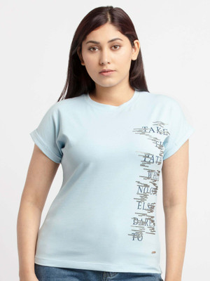 Status Quo Printed Women Round Neck Blue T-Shirt