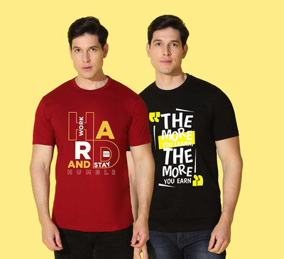 WOOSTRO Printed Men Round Neck Red, Black T-Shirt