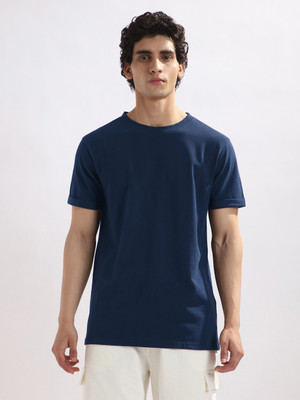 NOBERO Solid Men Round Neck Navy Blue T-Shirt