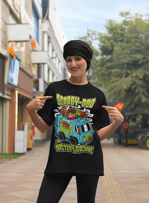 Hazuku Graphic Print, Cartoon, Abstract, Printed Women Round Neck Black T-Shirt