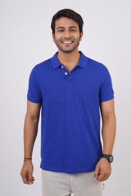 Hopping Deer on Redline Solid Men Polo Neck Blue T-Shirt