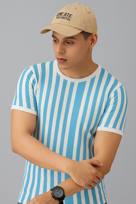 Gen Z Striped Men Round Neck White, Light Blue T-Shirt