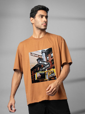 Mast & Harbour Printed Men Round Neck Brown T-Shirt