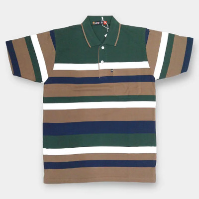 meteapparels Striped Men Polo Neck Dark Green T-Shirt