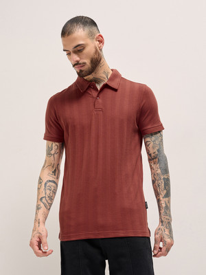 THE BEAR HOUSE Self Design Men Polo Neck Brown T-Shirt