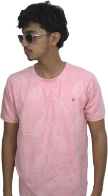 headway Floral Print Men Round Neck Pink T-Shirt