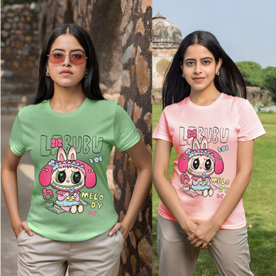 Kasendra Printed Women Round Neck Green, Pink T-Shirt