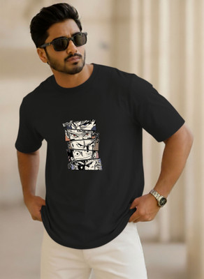 SINNER STREET Printed, Self Design Men Round Neck Black T-Shirt