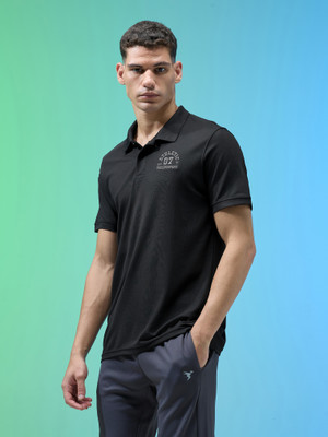 TECHNOSPORT Printed Men Polo Neck Black T-Shirt