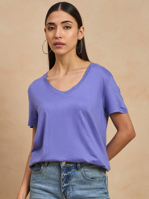 COLOR CAPITAL Solid Women Round Neck Purple T-Shirt