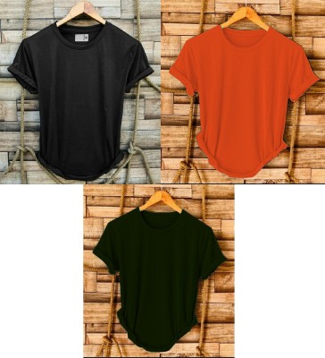 SR Fashion Solid Men Round Neck Black, Orange, Dark Green T-Shirt